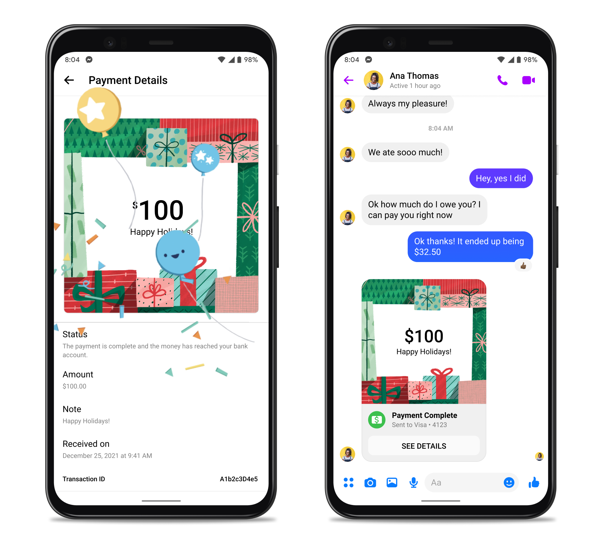 Screenshot of holiday payments on Messenger